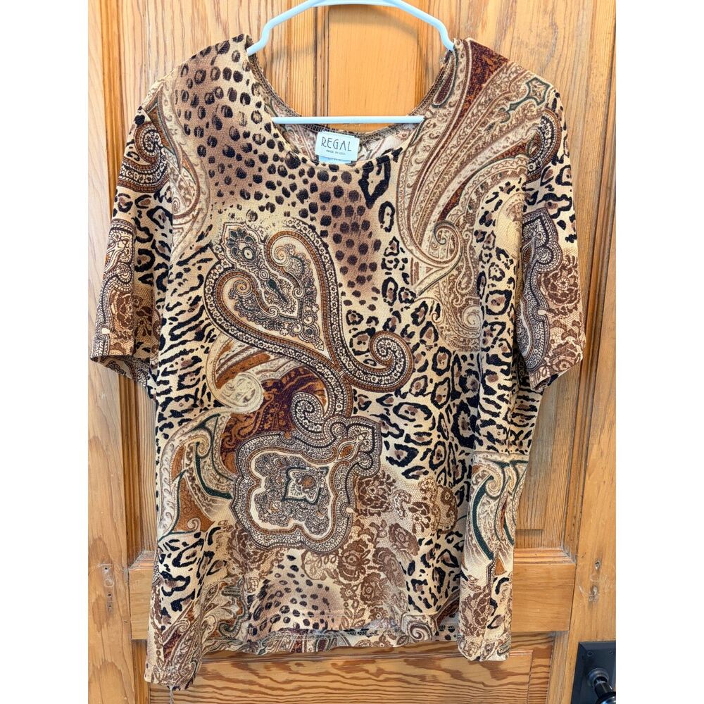 Vintage 90s Regal Leopard Paisley Animal Print Gold Shimmer Top XL Made in USA